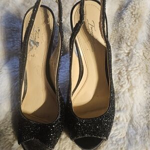 Vince Camuto Black Glitter Peep-Toe Heels 5 Inches Silver Heel